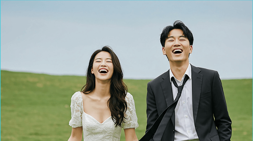 환하게 웃는 웨딩 커플